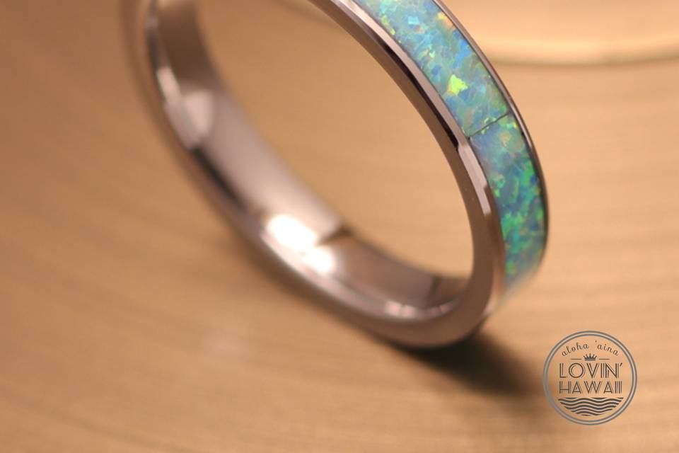 Baby blue opal tungsten ring