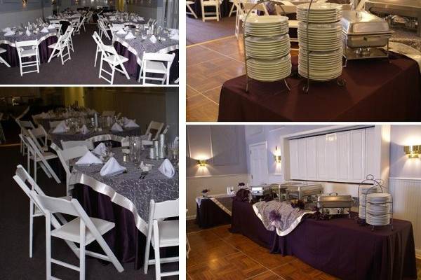 Indoor Wedding.  Tables, chairs, linens, dinnerware, buffet ware, and full service set-up.