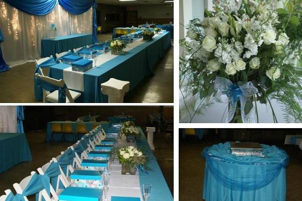 Quinceanera.  Full Set-Up, Table, chair and linen rentals.  Centerpieces, Live Florals, Backdrop
