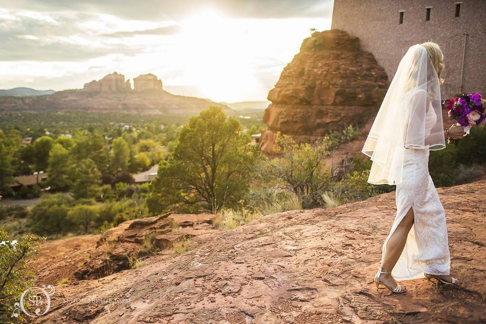 Bride at Chapel of the Holy Cross in Sedona. Photography by Sedona Bride Photographers