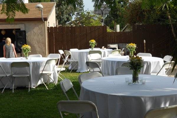 San Diego Backyard wedding celebration.Linens & arrangements by Your Vision Events