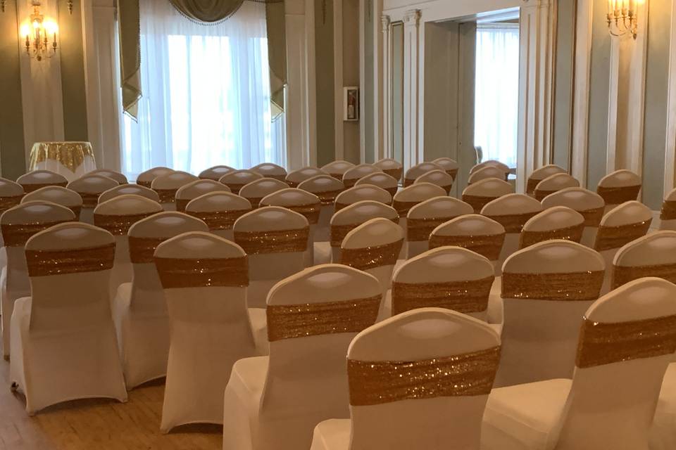 White chair covers gold sequin