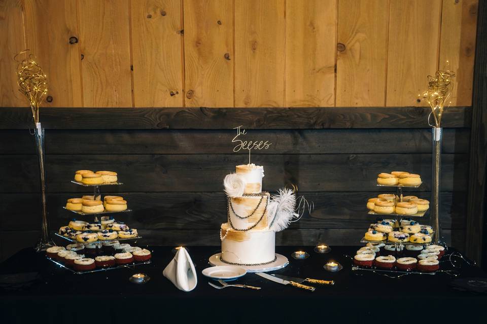 Baked donuts and wedding cake