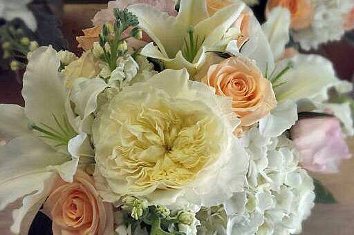 Bouquet with fragrant Garden Roses, Hydrangea, Roses, Lilies and fragrant Stock