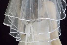 3 Tier Swarovski Crystal Wedding Veil with Satin Ribbon Edging.