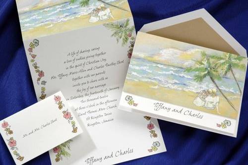 A couple on a tropical beach relax at the end of their wedding day. Your names are featured at the bottom of this adorable invitation. 5 1/2 x 7 3/4 (T908)