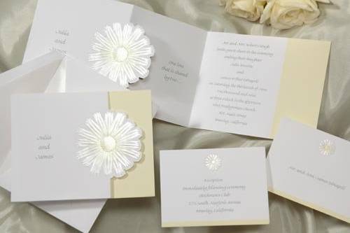Your names are featured on the front and a verse of your choice on the inside of this bright white invitation. A fun daisy embossed in pearl with yellow highlights add to the beauty. (T3521)
