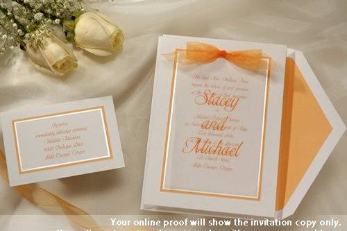 Your names are featured on a translucent overlay. Your wording is featured on a bright white card stamped with a tangerine and pearl border. A vibrant tangerine sheer bow is included. (T9834BW)