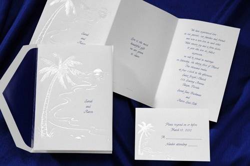Your names and favorite quote are featured on this tropical invitation. This is perfect for your destination or seaside wedding! (T1172)