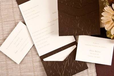 2013 Wedding Invitation Trend - Elegantly Embossed Brown Pocket with Ecru Invitation