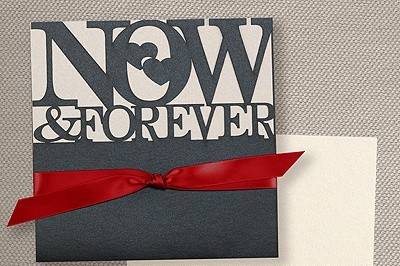 Now and Forever Invitation - Onyx with Ecru: Celebrate your love Now & Forever with this black shimmer pocket and an ecru invitation tied with your choice of ribbon color. Available in many colors