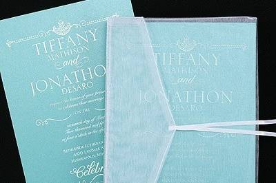 Sheer Expression Invitation - Lagoon Shimmer: This elegant lagoon shimmer invitation is enclosed in a sheer pocket. Available in many colors