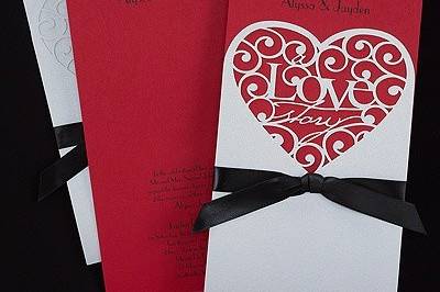 Love Story Invitation - Merlot: Share your love story with this intricate cut out pocket invitation. Available in many colors
