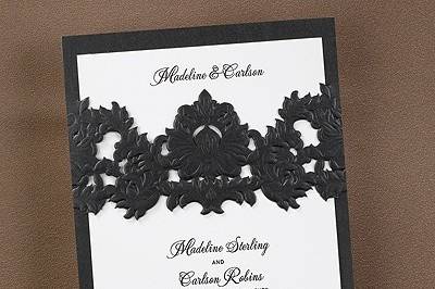Opulent Filigree Invitation - Onyx with White:  This black shimmer invitation features a filigree cut out design with a white card. Available in many color combinations.
