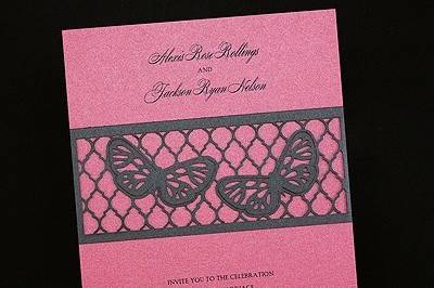 Butterfly Band Invitation - Fuchsia Shimmer: A black shimmer butterfly band is wrapped around this fuchsia shimmer card. Available in multiple combination colors