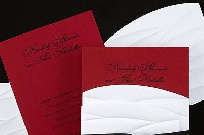 Perfect Wrap Invitation - Merlot: This invitation features a merlot card, white shimmer wrap and your choice of ribbon color. Available in many color combinations