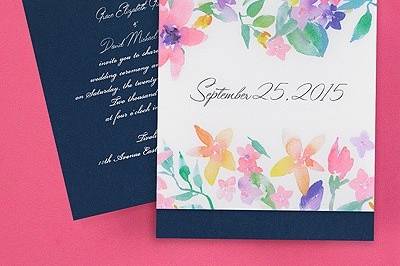 Watercolor Expression Invitation - Midnight: A midnight shimmer invitation is shown inside a bright floral wrap. Available in many colors