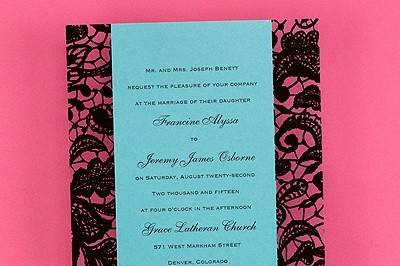 Clearly Lace Invitation - Black: A printed lagoon shimmer invitation is shown on this black lace base card.
Available in many colors