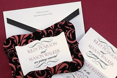 Soft Touch Invitation - This invitation has a merlot and black velvet filigree design. Available in many colors