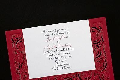Rose Border Merlot Invitation: A white shimmer card with a merlot cut out rose border. Available in many colors.