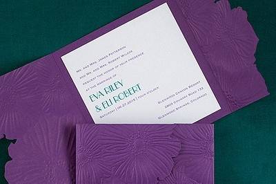 Floral Abundance Violet Invitation: A white shimmer card with a violet shimmer floral wrap. Available in many colors.