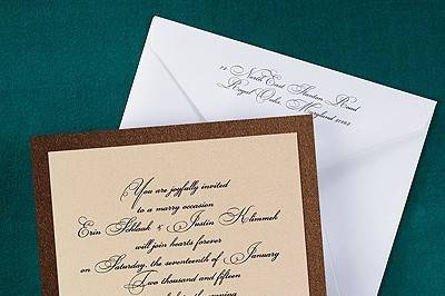 In the Spotlight Invitation - Champagne Shimmer: This invitation features a brown shimmer base card with a champagne shimmer printed invitation. Available in many colors.