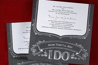 Rustic Statement Invitation: A rustic statement is shown on this black and white holographic card.