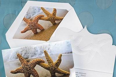 Beach Loving Invitation - Two starfish hand in hand are shown on this beach designed, shimmery invitation.