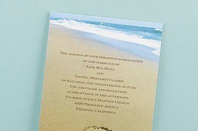 Love In Paradise - Invitation - Two hearts drawn in the sand by the beach are shown on this invitation