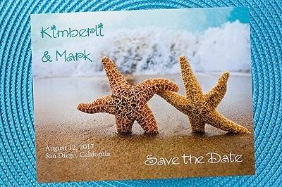 Starfish in the Sand - Save the Date Card - Two starfish hold hands as they stroll along the beach on this save the date card.
