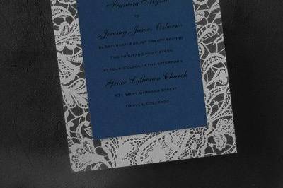 2014 Wedding Trend: Lace - Clearly Lace Invitation - Silver
A printed midnight invitation is shown on this silver lace base card.
Dimensions: 5 1/2