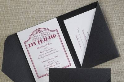 Deco Type - Invitation with Black Shimmer Pocket: This deco type invitation with black shimmer pocket shows off some vintage glam.
Dimensions: 3 7/8