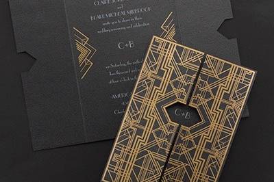 Savoy - Invitation: An art deco design in gold foil is displayed on this black shimmer invitation.
Dimensions: 5 1/2