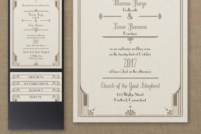 Art Deco Details - Pocket Invitation: The distinguished details of art deco are displayed in the form of an alluring border that captures your wording on this pocket invitation.
Dimensions: 4 7/8