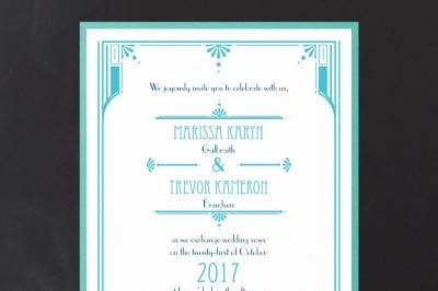 Art Deco Details - Layered Invitation: The distinguished details of art deco are displayed in the form of an alluring border that captures your wording on this layered invitation. Available in several colors.
Dimensions: 4 7/8