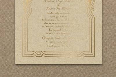 Decidedly Deco - Imperial Invitation - Kraft(color): A showy frame of art deco surrounds your wording on this kraft invitation. Available in several colors.
Dimensions: 6