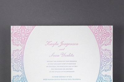 Fancy Filigree - Ombre Invitation: A fancy filigree design and oval frame surround your wording on this luxurious invitation. The ombré shading technique adds the perfect finishing touch. Available in several color combinations.
Dimensions: 8 3/4