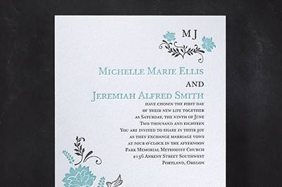Floral Delight - Invitation: A delightful floral design fills the lower left corner of this ornate invitation. A smaller floral embellishment puts the focus on your initials in the upper right corner.
Dimensions: 6
