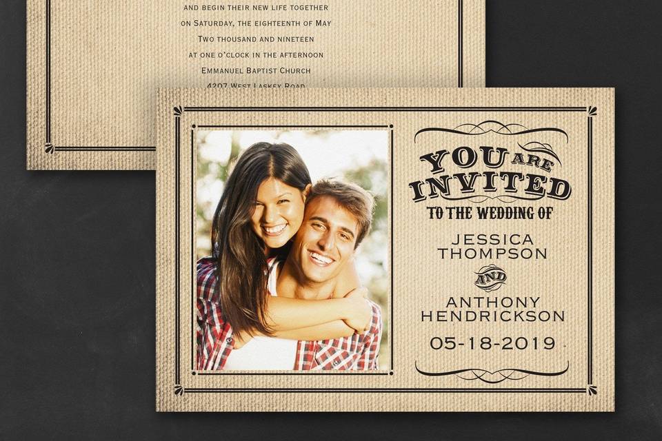 Vintage typography and a burlap-patterned background mean that a rustic wedding is coming up! Your photo makes the invitation perfectly personal. Dimensions: 7 1/4