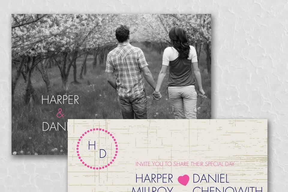 Can you have a rustic wedding with modern touches? Of course you can, and this monogram photo wedding invitation is perfect to start it. Choose your ink colors for a custom touch. Dimensions: 7 1/4