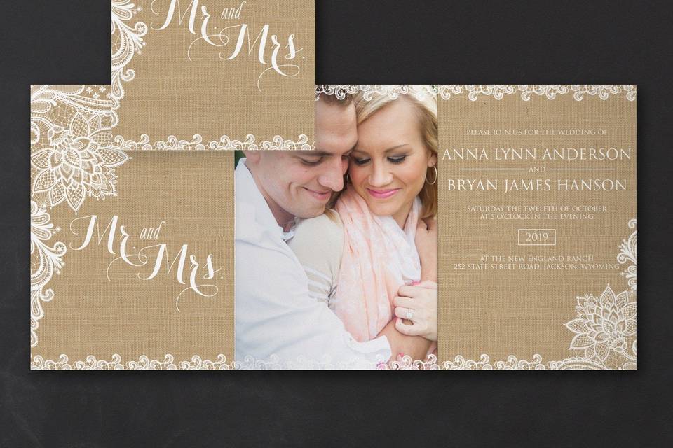 Burlap and lace are the perfect combination for a rustic and romantic wedding invitation. Your photo and choice of color make the z-fold invitation personal.Dimensions: 5 1/8