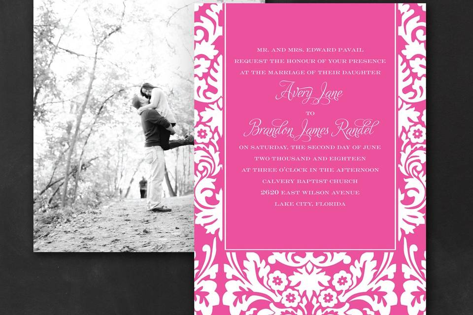 So dramatic. Which is why you'll love this wedding invitation's bold damask pattern printed in your choice of color. Finishing touch? Your photo on the back. Dimensions: 5 1/8