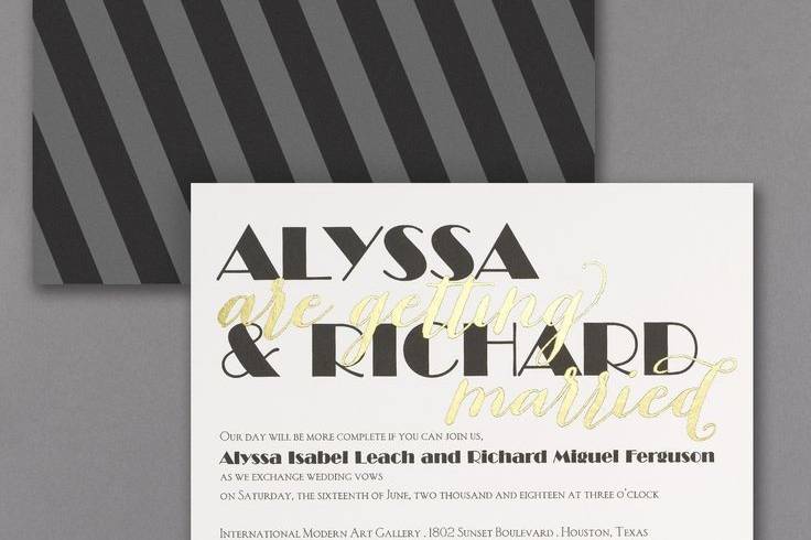 Your names: big and bold. In foil: are getting married. Along with black stripes on the back, this wedding invitation says everything about your style. Dimensions: 7 1/4
