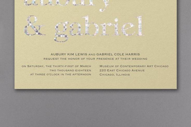 The big day is coming soon. Get it noticed with your names big and bold and sparkling in unique confetti foil on this gold shimmer wedding invitation.Dimensions: 7 1/4