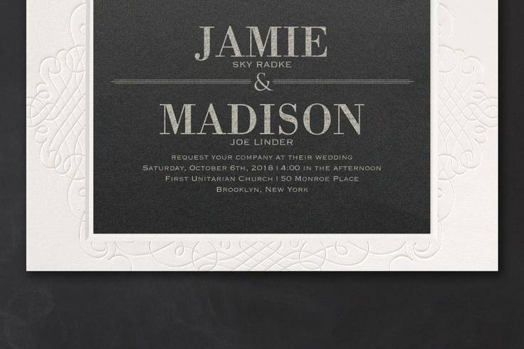 Pearl filigree on a 100% cotton backer highlights a black shimmer wedding invitation card with the perfect amount of elegance.Dimensions: 8 3/4