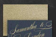 On the front: shimmer. On the back: glitter! Turn over the printed navy shimmer card and find a gold glitter backer card for a wedding invitation that dazzles. Dimensions: 7 1/4
