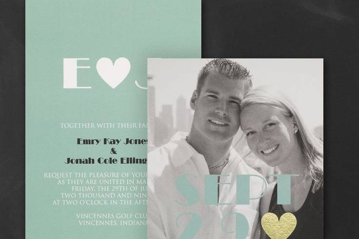 Big day, big and bold, with your photo on this wedding invitation. And a foil heart, just for sweetness. Choose the color that shows your style.Dimensions: 5 1/8
