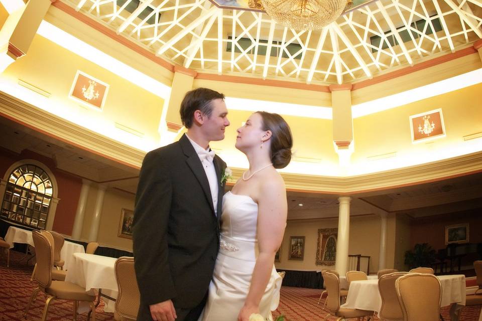 Groom and bride in the reception hall