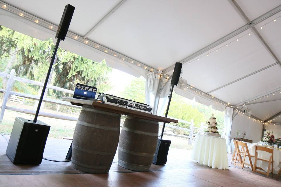 Rustic package with wine barrel DJ table