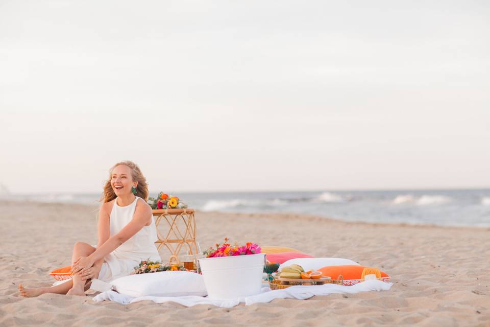 Bride at her beach picnic